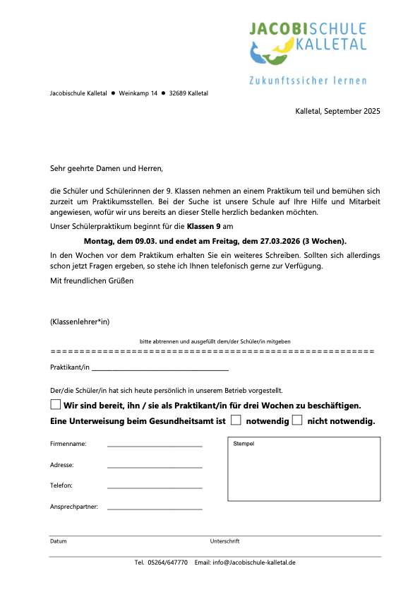 Praktikum Anfrage Betriebe 2023 24