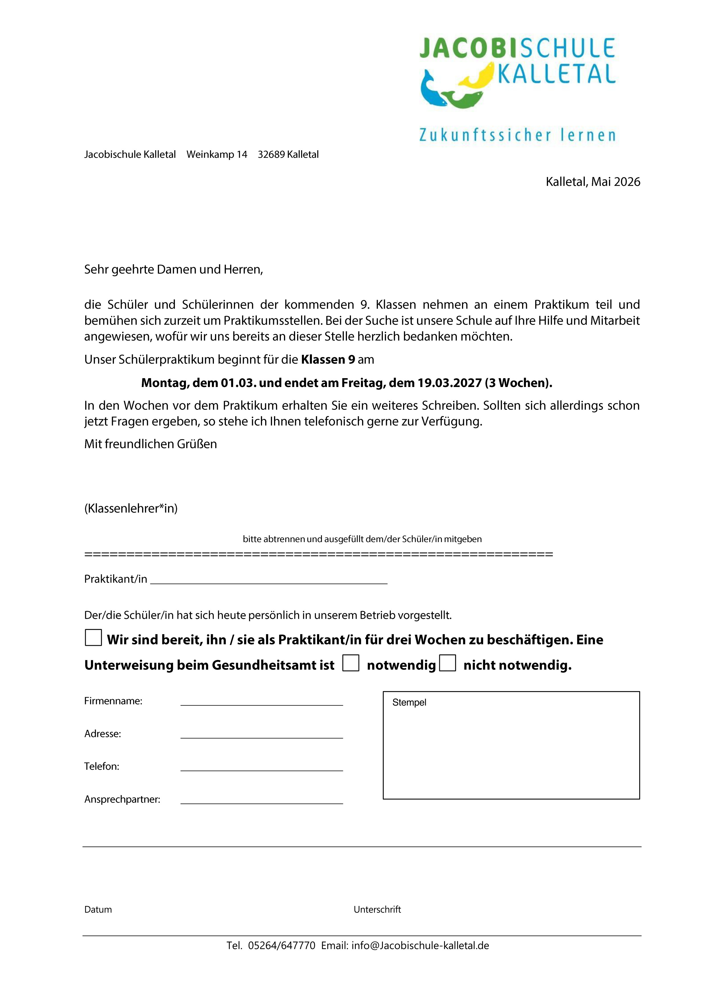 Praktikum Anfrage Betriebe 2023 24